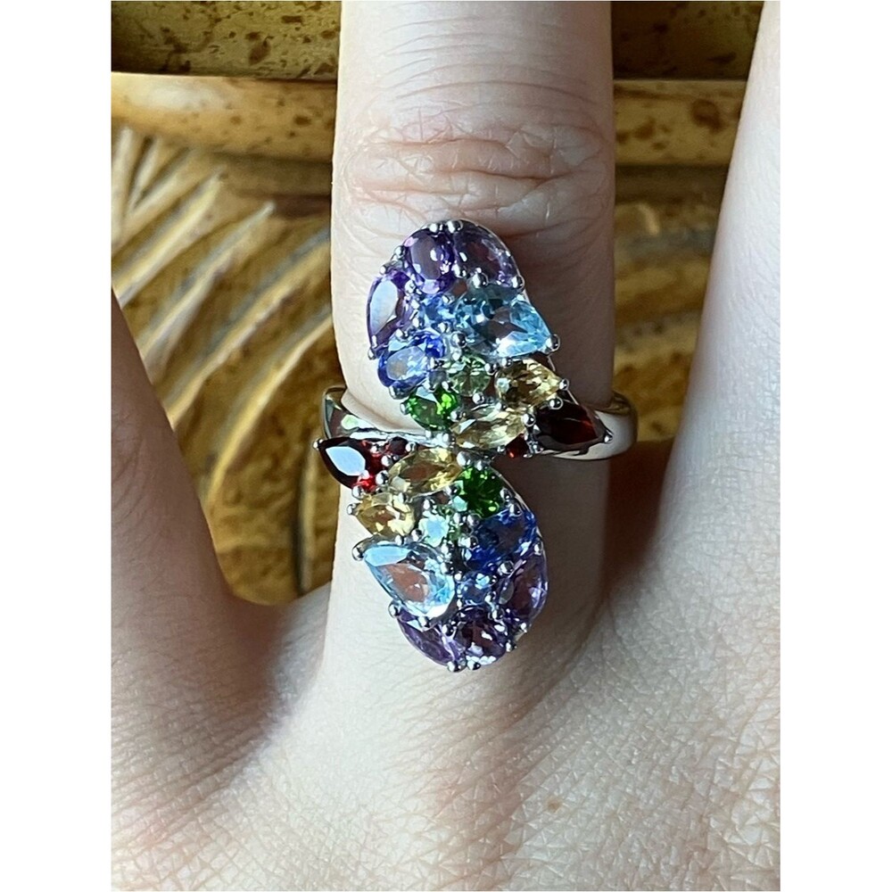 Multi Gemstone Sterling Silver Cocktail Ring Size 6